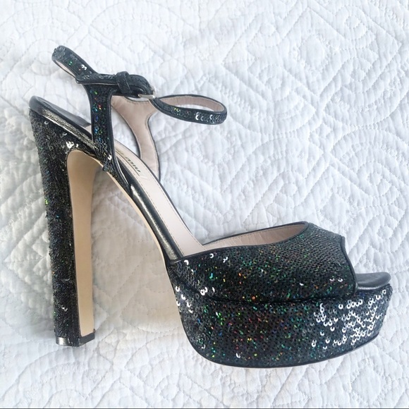 Miu Miu Black Sequined Glitter Platform Sandals 40.5 or Sz 10 - Picture 13 of 14